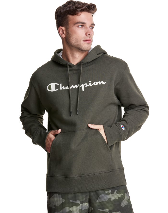 Champion Hoodie Heren - DonkerGroen - Powerblend Fleece Script Logo ( 328054-TCA )